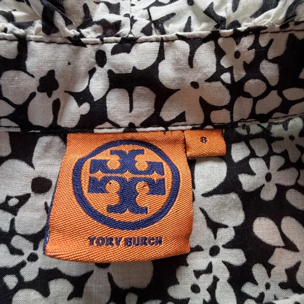 Tory Burch Black White Floral Ruffle Neck Cotton‎ Blouse 29111198 Size 8